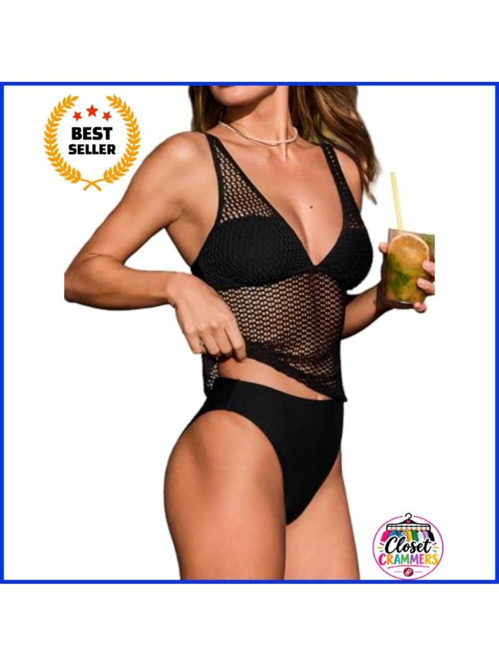 V Neck Tankini Set Mesh Cutouts High Waist Cheeky Two Piece Swimsuit